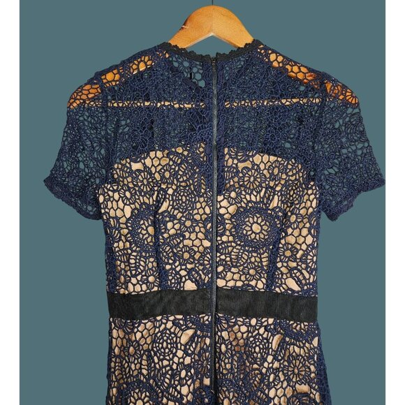 Aqua Floral Crochet Lace Feminine Chic Boho Navy/Black Lined Dress Women XS - Picture 12 of 14